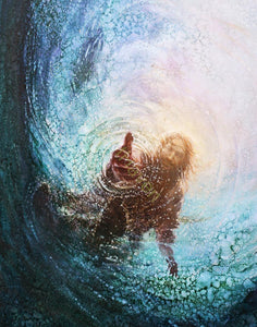 The Hand of God painting & image by Yongsung Kim depicts Jesus walking on water with his hand reaching into the water to save Peter. Canvas, Prints & Frames.