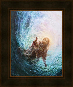 The Hand of God painting & image by Yongsung Kim depicts Jesus walking on water with his hand reaching into the water to save Peter. This painting comes with a brown frame.