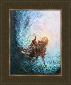 The Hand of God painting & image by Yongsung Kim depicts Jesus walking on water with his hand reaching into the water to save Peter. This painting comes with a tan wood frame.