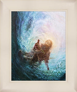The Hand of God painting & image by Yongsung Kim depicts Jesus walking on water with his hand reaching into the water to save Peter. This painting comes with a white frame.