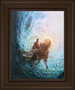 The Hand of God painting & image by Yongsung Kim depicts Jesus walking on water with his hand reaching into the water to save Peter. This painting comes with a medium brown frame.