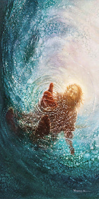 The Hand of God painting & image by Yongsung Kim depicts Jesus walking on water with his hand reaching into the water to save Peter. Canvas, Prints & Frames.