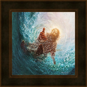 Square dimensions of The Hand of God painting & image by Yongsung Kim depicts Jesus walking on water with his hand reaching into the water to save Peter. This painting comes with a brown frame.