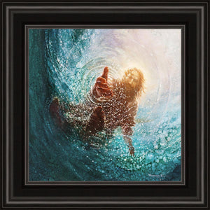 Square dimensions of The Hand of God painting & image by Yongsung Kim depicts Jesus walking on water with his hand reaching into the water to save Peter. This painting comes with a black frame.
