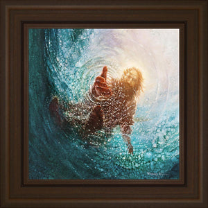 Square dimensions of The Hand of God painting & image by Yongsung Kim depicts Jesus walking on water with his hand reaching into the water to save Peter. This painting comes with a medium brown frame.