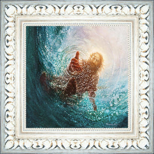Square dimensions of The Hand of God painting & image by Yongsung Kim depicts Jesus walking on water with his hand reaching into the water to save Peter. This painting comes with a ornate white frame.