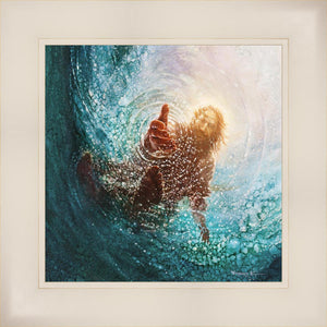Square dimensions of The Hand of God painting & image by Yongsung Kim depicts Jesus walking on water with his hand reaching into the water to save Peter. This painting comes with a white frame.