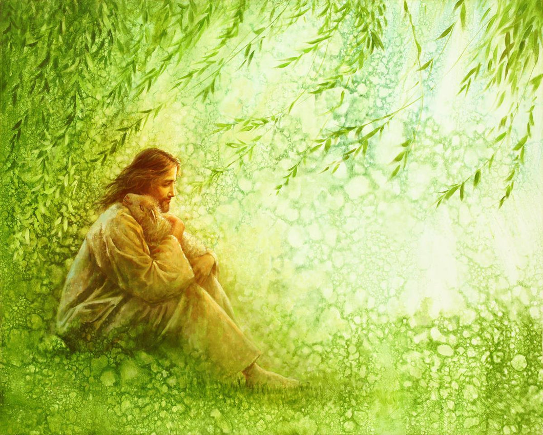 The Good Shepherd is a painting that depicts Jesus Christ beneath a green tree caring for one of His lost sheep - Yongsung Kim | Havenlight | Christian Artwork