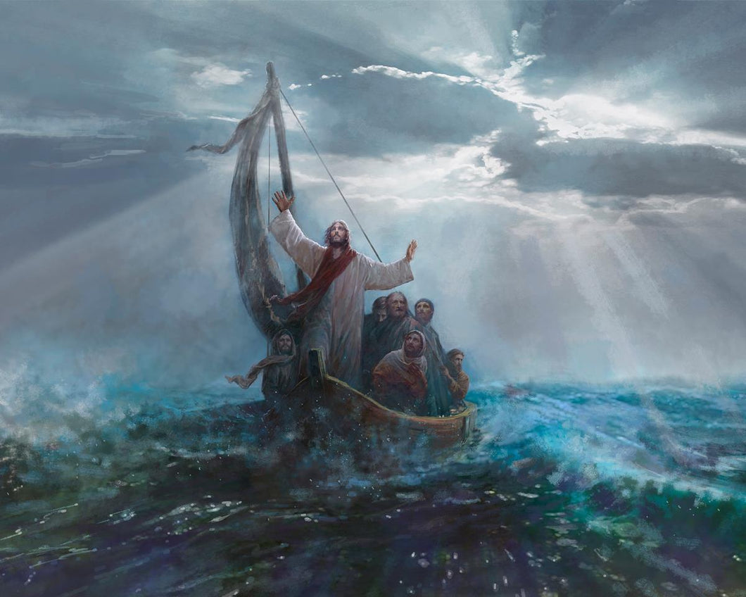 Peace Be Still is a painting that depicts Jesus Christ calming the raging sea amidst a storm - Yongsung Kim | Havenlight | Christian Artwork