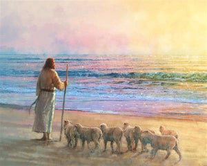 His Fold is a painting that depicts Jesus near an ocean shore with His sheep - Yongsung Kim | Havenlight | Christian Artwork
