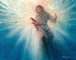 His Mighty Hand is a painting that depicts Jesus reaching down to save Peter from drowning - Yongsung Kim | Havenlight | Christian Artwork
