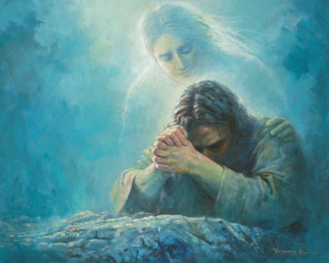Gethsemane Prayer is a painting that depicts Christ being comforted by an angel in Gethsemane - Yongsung Kim | Havenlight | Christian Artwork