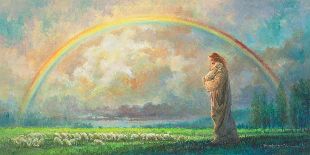 After the Storm is a painting that depicts Jesus Christ looking at a rainbow while holding a little lamb - Yongsung Kim | Havenlight | Christian Artwork