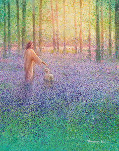Walk With Me is a painting that depicts Jesus Christ walking in a meadow of purple flowers with one of His lambs - Yongsung Kim | Havenlight | Christian Artwork